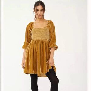 Free People NWOT Daphne Velvet fall Mini Dress in Olive Bitters / Gold Small
